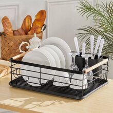 NetHong Dish Drainer Rack Kitchen Sink Washing Plates Draining Board Cutlery Holder Cup(Black) - 黑色 - 查看 2