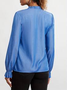 Womens Notched V Neck T-Shirts Fashion Long Sleeve Solid Color Loose Frill Tops Spring Summer Shirts - 藏青色 - 查看 8