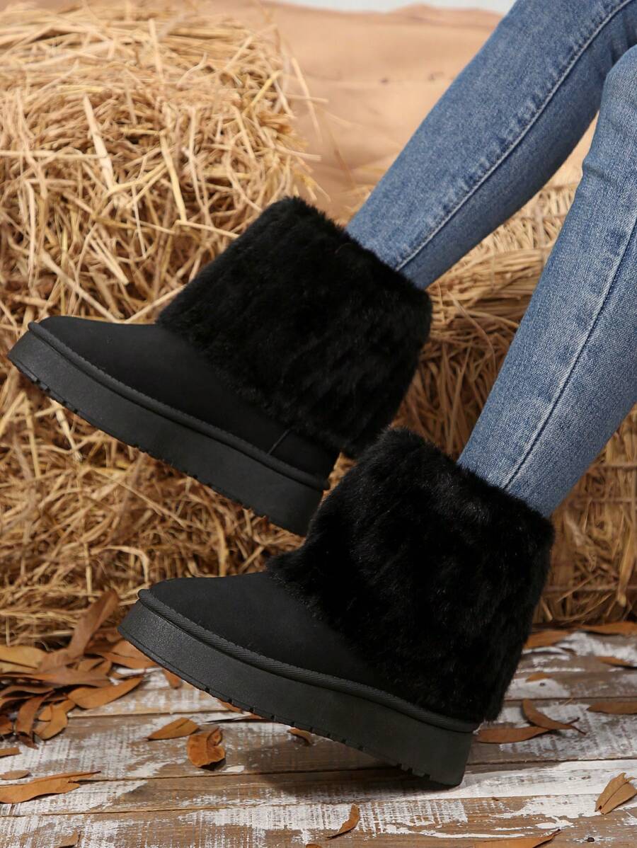 Neue Mode Dicksohlige, wasserdichte, warm gefütterte Lässig Snowboots mit Fellbesatz, Knöchelhöhe