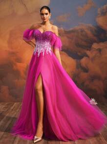 VIPGIRL Luxurious Hot Pink Off-Shoulder High Slit Sequined Layered Tulle Gown For Women, Long Evening Dress For Prom And Banquets,Elegant Gown,Dreamy Luxury, Party Dress, Wedding Guest Dress, Formal Dress - Hot Pink - View 6