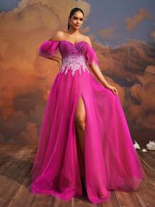 VIPGIRL Luxurious Hot Pink Off-Shoulder High Slit Sequined Layered Tulle Gown For Women, Long Evening Dress For Prom And Banquets,Elegant Gown,Dreamy Luxury, Party Dress, Wedding Guest Dress, Formal Dress - Hot Pink - View 10