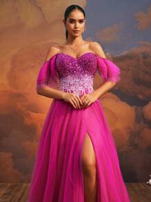 VIPGIRL Luxurious Hot Pink Off-Shoulder High Slit Sequined Layered Tulle Gown For Women, Long Evening Dress For Prom And Banquets,Elegant Gown,Dreamy Luxury, Party Dress, Wedding Guest Dress, Formal Dress - Hot Pink - View 9