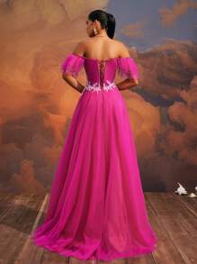 VIPGIRL Luxurious Hot Pink Off-Shoulder High Slit Sequined Layered Tulle Gown For Women, Long Evening Dress For Prom And Banquets,Elegant Gown,Dreamy Luxury, Party Dress, Wedding Guest Dress, Formal Dress - Hot Pink - View 3