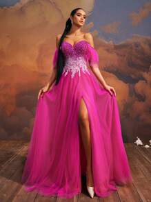 VIPGIRL Luxurious Hot Pink Off-Shoulder High Slit Sequined Layered Tulle Gown For Women, Long Evening Dress For Prom And Banquets,Elegant Gown,Dreamy Luxury, Party Dress, Wedding Guest Dress, Formal Dress - Hot Pink - View 4