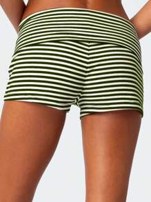 Women's Summer Slim Yoga Shorts Casual Solid Color Fold Over Low Waist Lounge Shorts - màu xanh lá - Xem 5
