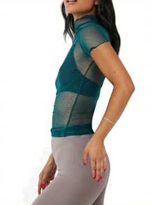Women's Slim Sheer Mesh Tops Solid Color Short Sleeve High Neck T-Shirt For Spring, Summer - Green - View 3
