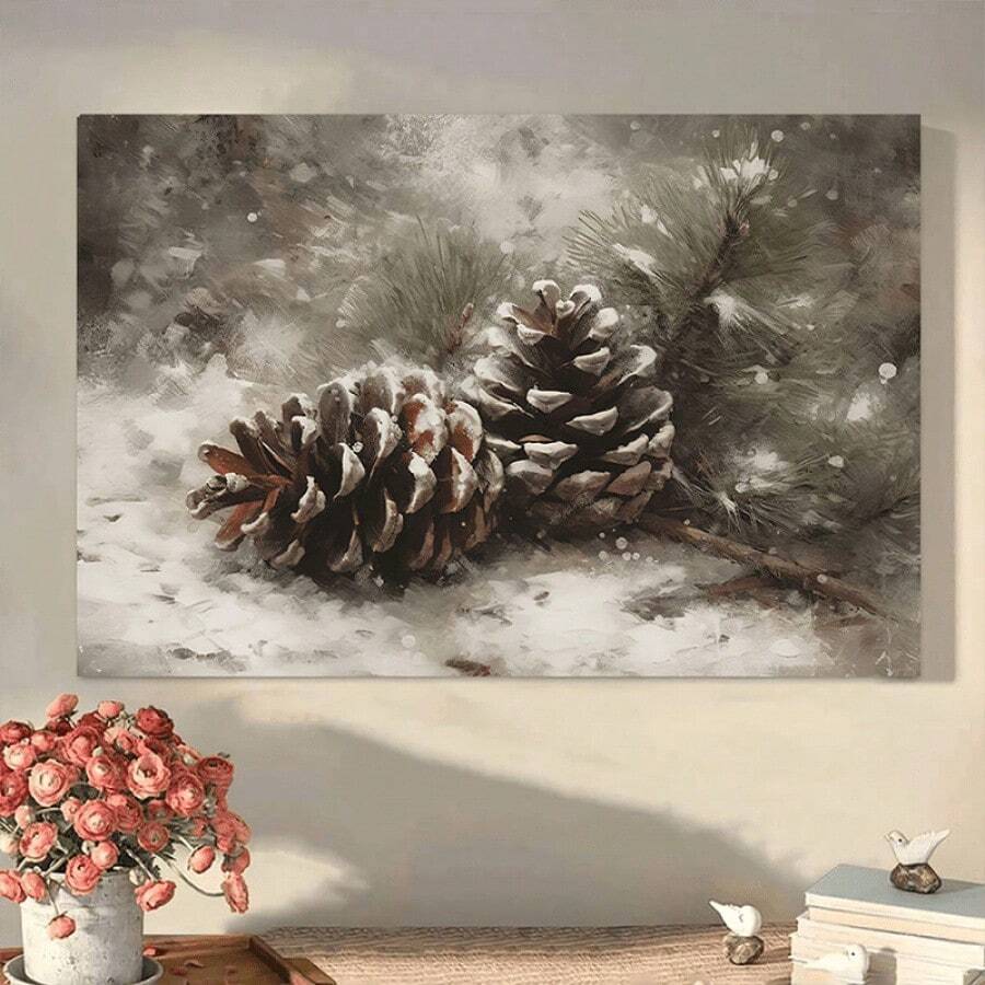 1 Pc Vintage-Style Pine Cones Canvas Wall Art Wooden Framed  Canvas Painting Thickness 2.25cm/0.9inch High Quality Wall Art Prints Poster Direct Hanging Wall Picture Decor For Home Gifts, Christmas Gift,Christmas Decoration,Living Room, Bathroom, Bedroom, Kitchen