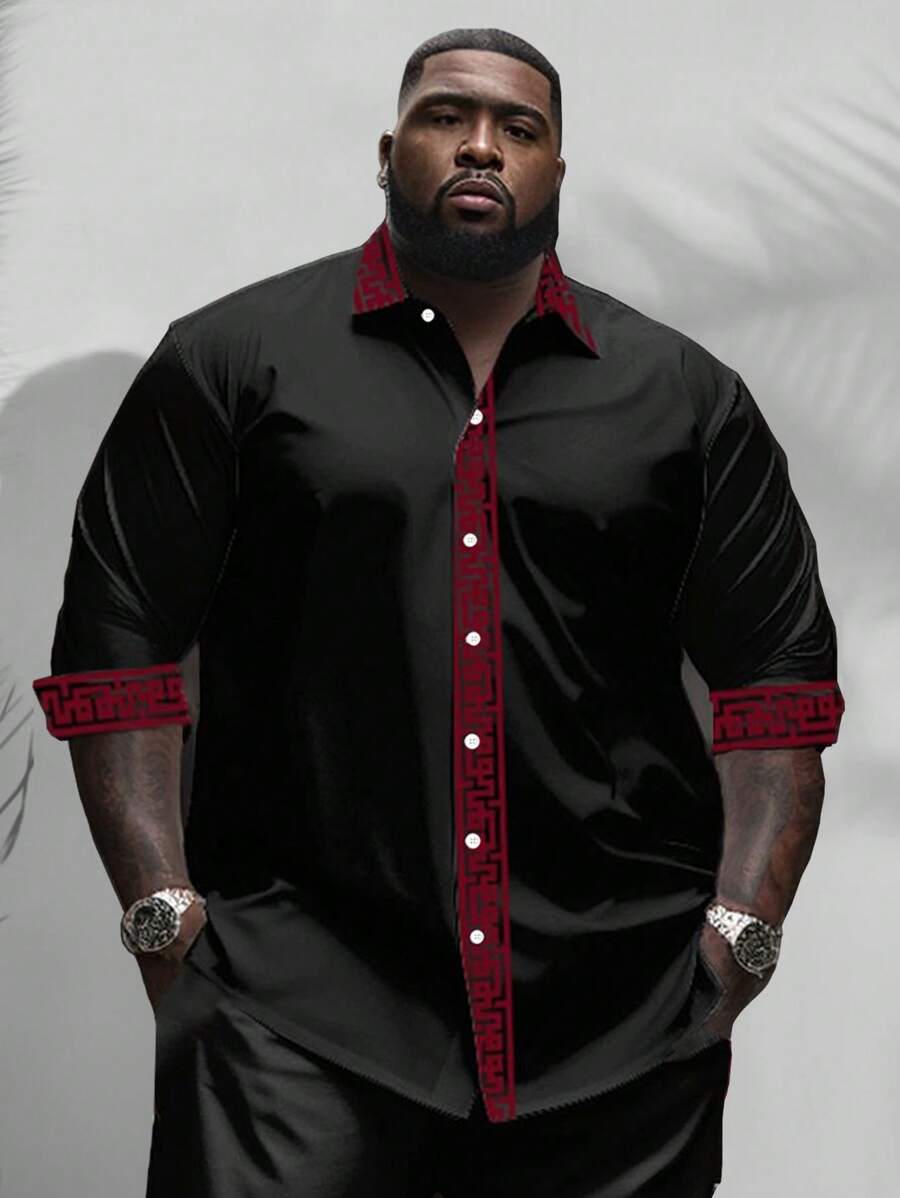 Casual Fashion Men's Plus Size Button Down Shirt With Partial Spiral Pattern Print, Fall, Long Sleeve Top - Black - View 1