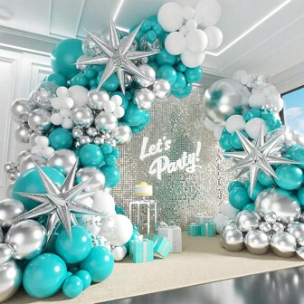 5/10/12/18inch Confetti Teal Blue Metallic Silver White Balloon Garland Arch Kit For Wedding Engagement Anniversary Bridal Shower BabyShower Birthday Party Decorations