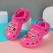 City Comfort Winter Clogs Fleece Lined Removable Shoe Charms Garden Shoes Slippers Mules Slip On With Strap - Pink - View 2