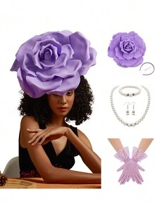 5 قطع مجموعة قبعات الزهور الفاسنيتور لحفلات الشاي للنساء، قبعة الفاسنيتور بشكل وردة لسباق كنتاكي ديربي، طقم قلادة وأقراط، قفازات وقبعة للزفاف وعيد الهالوين