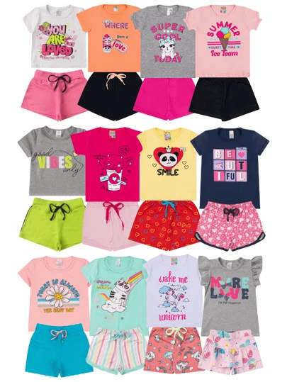 Kit 10 Peças Infantil Menina Juvenil Feminino 1 ao 14 - 5 Blusas + 5 Shorts