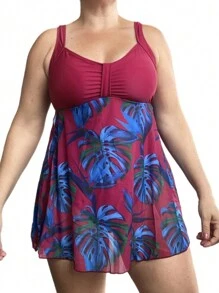 Plus Size Swimsuit With Built-In Skirt - 酒紅色 - 查看 2