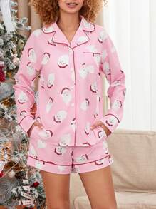 Women's 2 Piece Lounge Set Long Sleeve Santa Claus Print Shirt Shorts Sleepwear Sets