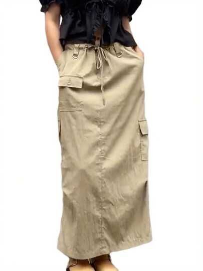 Womens Long Cargo Skirt Solid Color Waist Drawstring Multi Pocket Straight Streetwear Loose Skirt