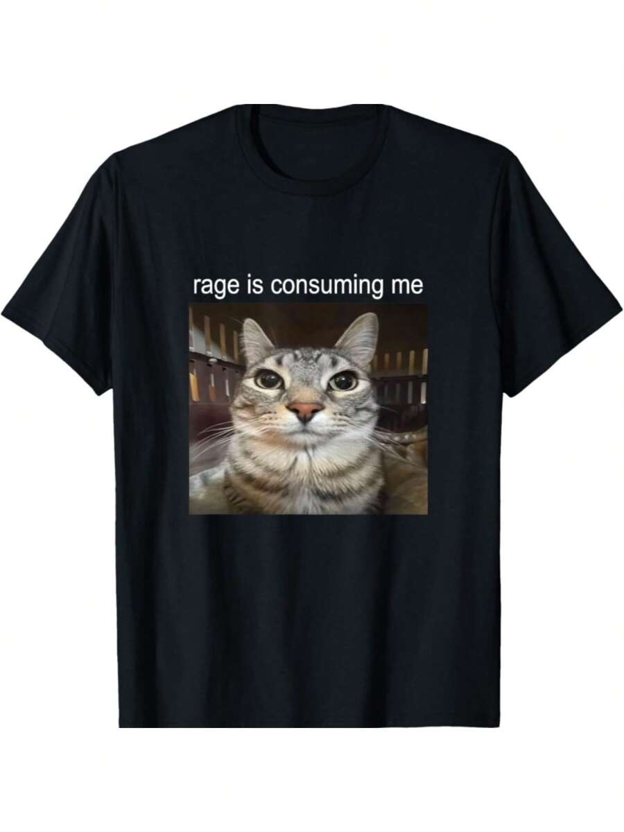 Rage Is Consuming Me Silly Staring Cat Meme T-Shirt - 黑色 - 查看 1