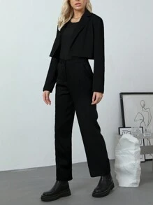 Damen einfarbiger Langarm-Jacke und lange Hose 2 Stücke Freizeitoutfit - Schwarz - Übersicht 3