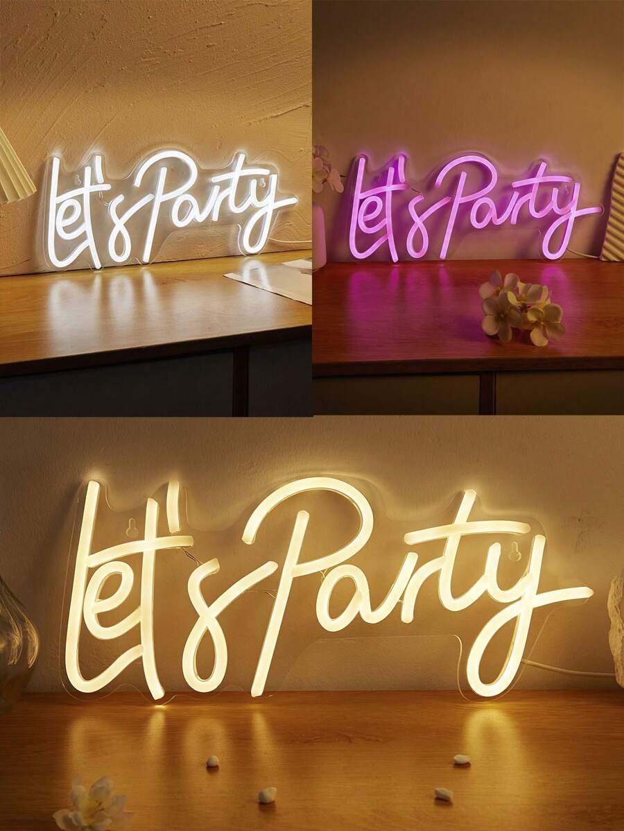 1個“let's Party” Led霓虹燈字母形狀,usb供電,適用於臥室牆面裝飾,節日派對婚禮裝飾 - 彩色 - 查看 1