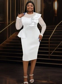 Plus Size Women Elegant Ruffle Beaded Mesh Gorgeous Festival Party White Dresses - White - View 4