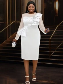 Plus Size Women Elegant Ruffle Beaded Mesh Gorgeous Festival Party White Dresses - White - View 3
