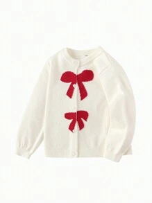 Balabala Girls' Knit Cardigan, 2025 New Year Outfit With Bow Detail