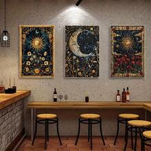 1 Pieza Impresión en lienzo con diseño de planta de luna creciente y sol sin marco, estilo vintage, hermoso tema floral y celestial, imágenes paisajísticas, pósters de arte de pared para sala de estar moderna, dormitorio y decoración del hogar, regalo perfecto