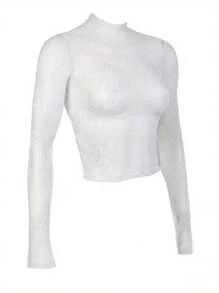 Women's Summer Sexy Crop Tops White Long Sleeve Mock Neck Lace Floral Slim T-Shirt - 白色 - 查看 4