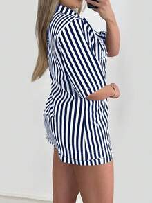 Women's Summer Casual Striped Shirt And Shorts 2 Pieces Set - 藏蓝色 - 查看 2