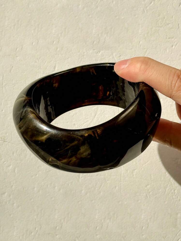 1pc Oversized Asymmetrical Gradient Square & Round Resin Bracelet, Vintage Style Accessory For Women, Fashion Elegant Gift - Coffee Brown - View 12