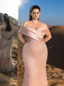 Plus Elegant Off Shoulder Mermaid Hem Beaded Evening Dress, Party Dress, Wedding Guest Dress, Formal Dress,Gown