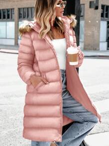 Winter Women's Long Cotton-Padded Coat With Hat Zipper Thick Cotton-Padded Coat Fashion Warm Coat