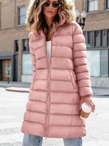 Winter Women's Long Cotton-Padded Coat With Hat Zipper Thick Cotton-Padded Coat Fashion Warm Coat