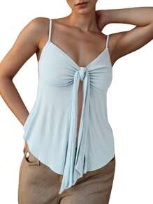 Women's Front Split Cami Tops Sleeveless Spaghetti Strap Tie Knot Camisole Slim Fit Shirts - Blue - View 1