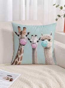 1pc Giraffe & Alpaca Printed Throw Pillow Cover, Modern Fabric Plush Printed Cushion Cover For Living Room Sofa Home Decor, Without Filler Gifts Birthday Graduation