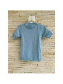 Women's Summer Short Sleeve Knit Blouse With Weave - Baby Blue - View 1
