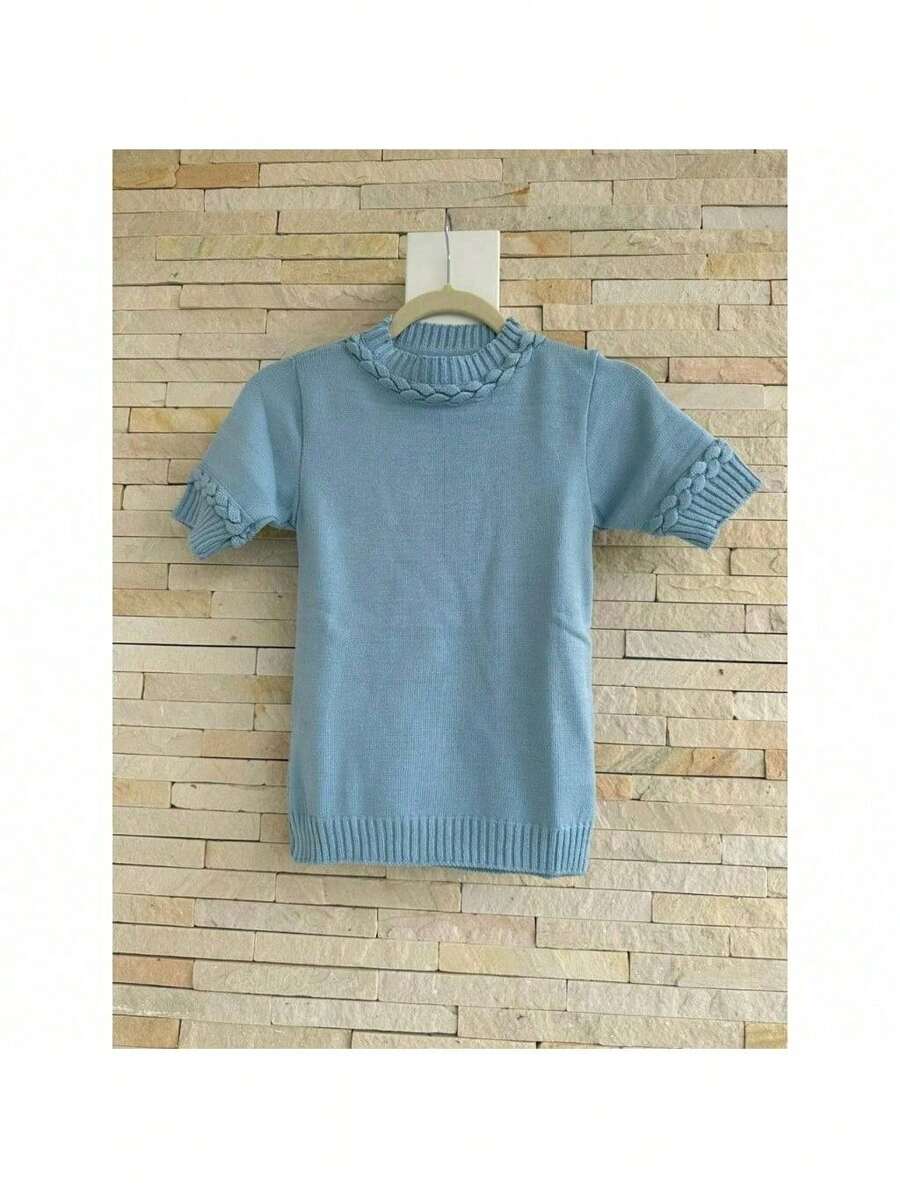 Women's Summer Short Sleeve Knit Blouse With Weave - Baby Blue - View 1