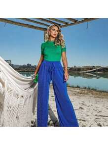 Women's Summer Short Sleeve Knit Blouse With Weave - Baby Blue - View 3