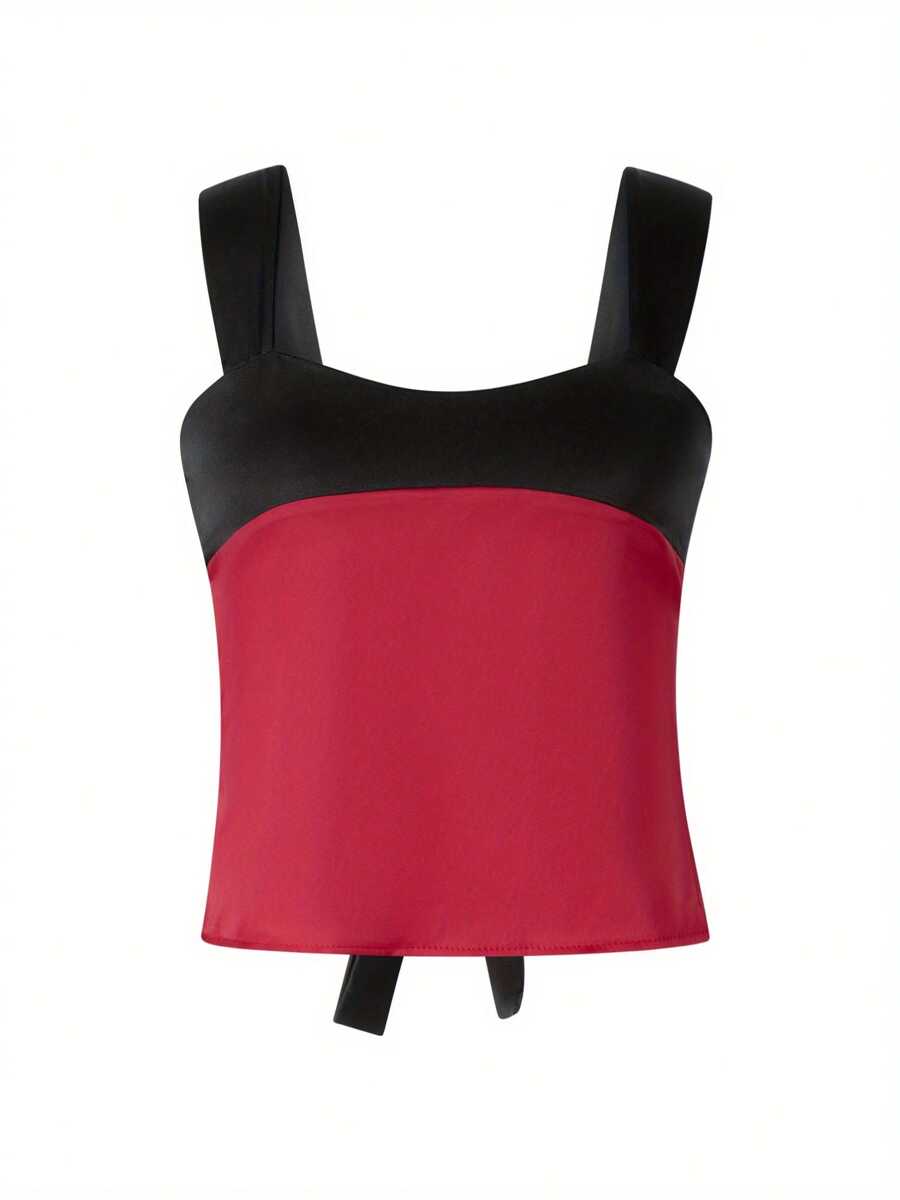 Ladies Summer Splicing Camisole, Women Leisure Style Contrast Color Low Cut Back Tie Up Sleeveless Backless Slim Tops - Rojo oscuro - Ver 1