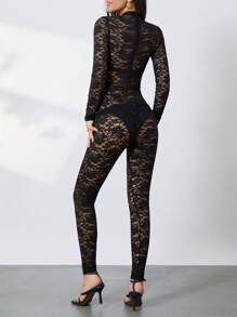 Women's Fashion Skinny Bodysuit Long Sleeve Mock Neck Sheer Lace Jacquard Playsuit - màu đen - Xem 7