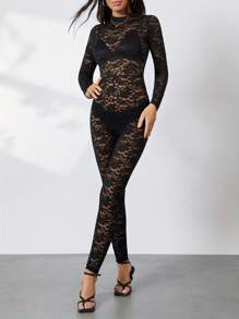 Women's Fashion Skinny Bodysuit Long Sleeve Mock Neck Sheer Lace Jacquard Playsuit - màu đen - Xem 5