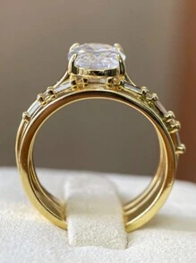 3pcs/Set Unique Oval Cut Cubic Zirconia Bridal Set Engagement Ring Gift For Her Promise Ring Wedding Set Eternity And Plain Band Set Ring For Gift - Gold - View 3