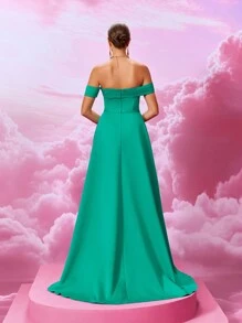 MOEVIO 女士正式优雅露肩紧身胸衣 A 字形露背开叉大腿长款性感晚会舞会婚礼毕业礼服，适合春夏、情人节活动礼服、派对礼服、婚礼宾客礼服 - 綠色 - 查看 3