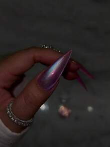 24 件新款长尖全息光泽指甲贴，简约时尚按压式指甲套装，适合时尚女性，包括 1 个指甲锉和 1 个果冻指甲胶美甲用品 - 粉色 - 查看 2