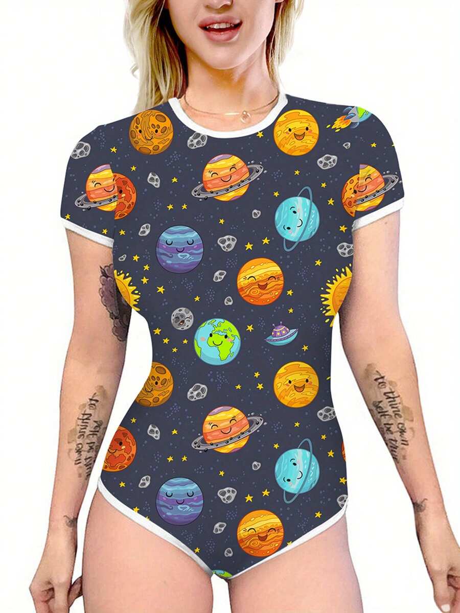 Women Slim Romper Pajama, Adults Cute Cartoon Print Short Sleeve Round Neck High Waist Bodysuit Short Sleeve Playsuit - Dark Blue - View 1