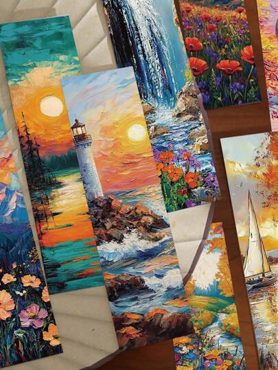 30/120 piezas Marcadores de libros con pintura de paisaje romántico, tarjetas de papel multifuncionales para lectura de estudiantes, decoración de páginas de libros DIY, útiles escolares, de vuelta a la escuela