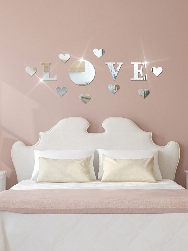 12 autocolante decorative de perete cu oglindă acrilică LOVE, autocolant detașabil autoadeziv pentru perete, autocolant decorativ romantic DIY pentru acasă, detașabil fără a deteriora peretele (argintiu)
