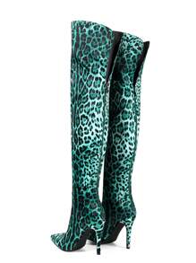 Fashionable Leopard Print Pointed Toe Over-The-Knee High Heel Boots - Green - View 5