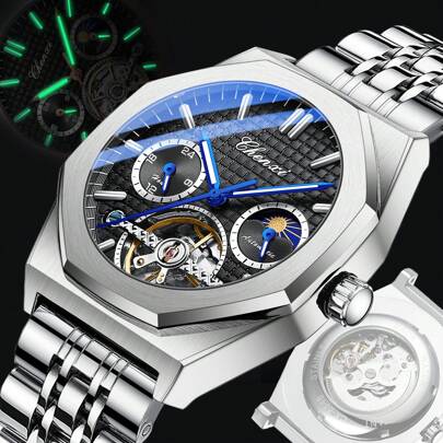 Mens Mechanical Watches New Flywheel Sun Moon Star Watch Waterproof Luminous Pointer Wriswatch For Male Clock Gift