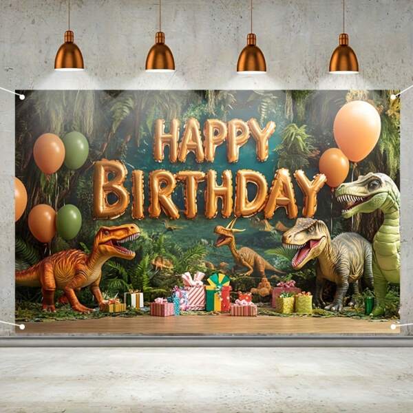 Dinosaur Birthday Party Background - Jurassic T-Rex And Balloon Polyester Canvas, Multi Functional, No Power Required