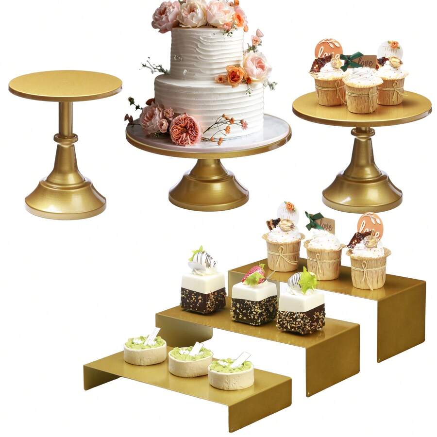 6PCS Cake Stand Set, Gold Metal Cake Stands For Party, Dessert Table Display Set, 3 Size Round Cake Pedestal Stand With Cupcake Risers Stands, Dessert Cake Holders For Weddings, Birthday, Baby Shower - Vàng - Xem 1